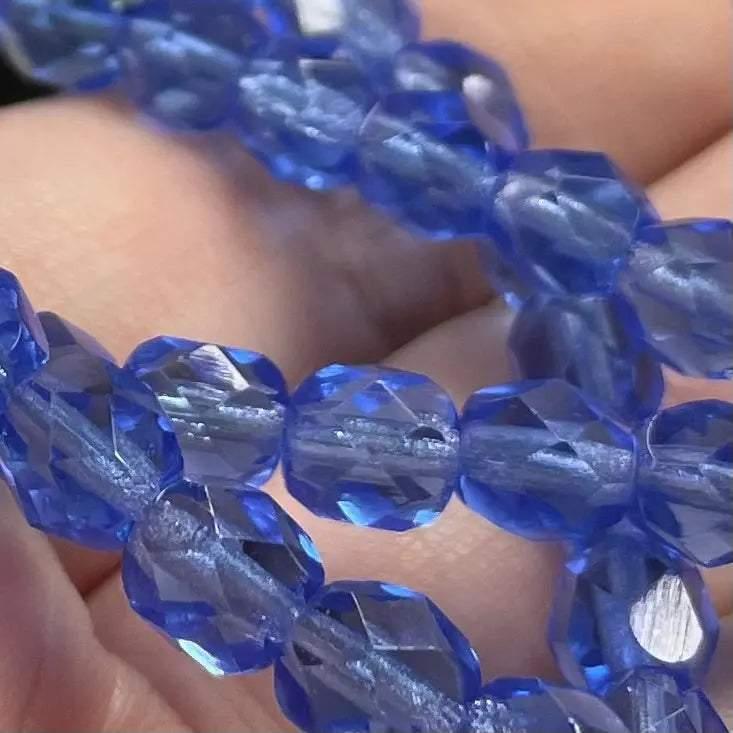 50 Blue Sapphire Czech Fire Polished Glass Beads - Sea Beads