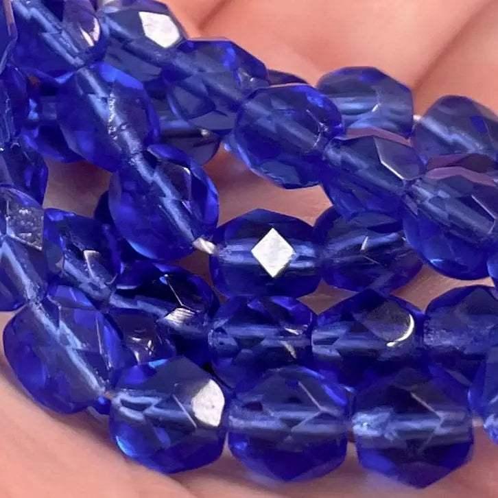 50 Blue Sapphire Dark Czech Glass Beads Fire Polished - Sea Beads