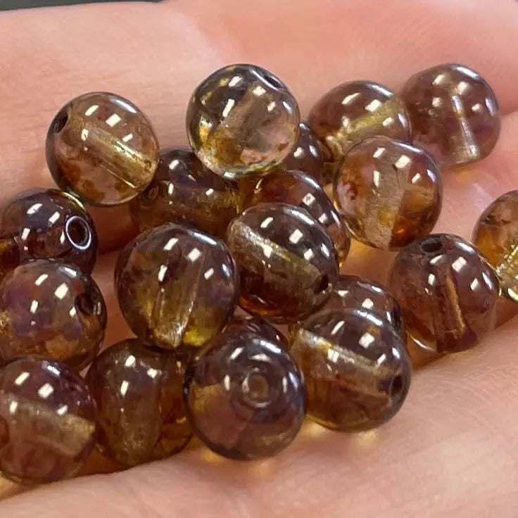 50 Brown Czech Picasso Transparent Round Glass Beads - Sea Beads