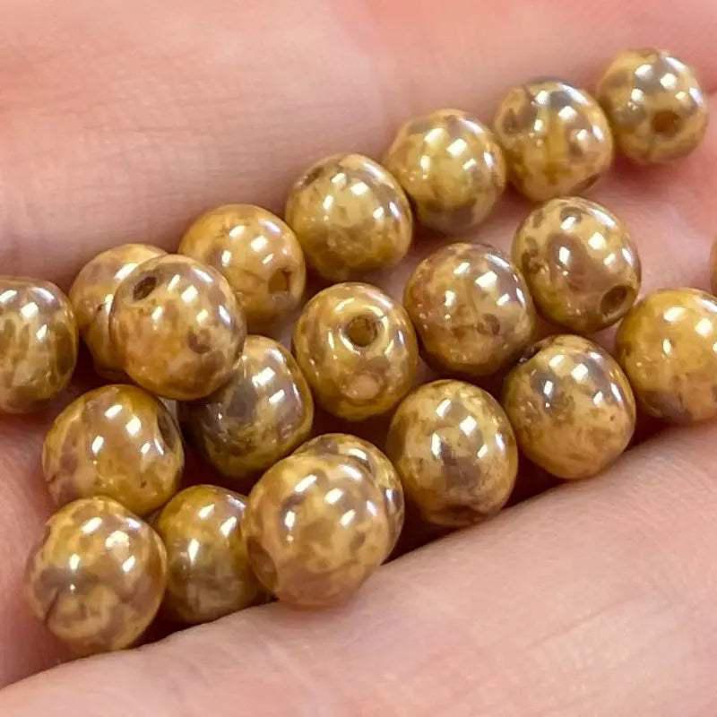 50 Brown Golden Czech Picasso Round Glass Beads - Sea Beads