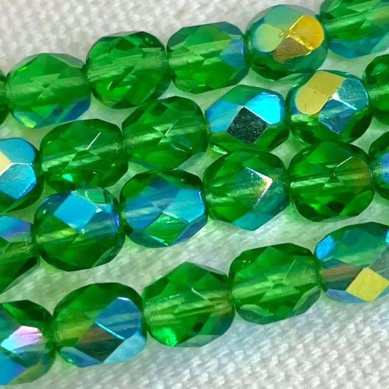 50 Green AB Czech Fire Polished Transparent Glass Beads - Sea Beads