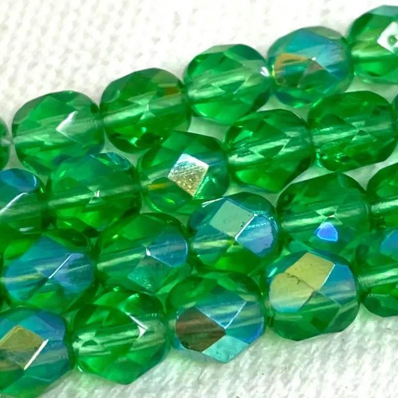 50 Green AB Czech Fire Polished Glass Beads - Sea Beads