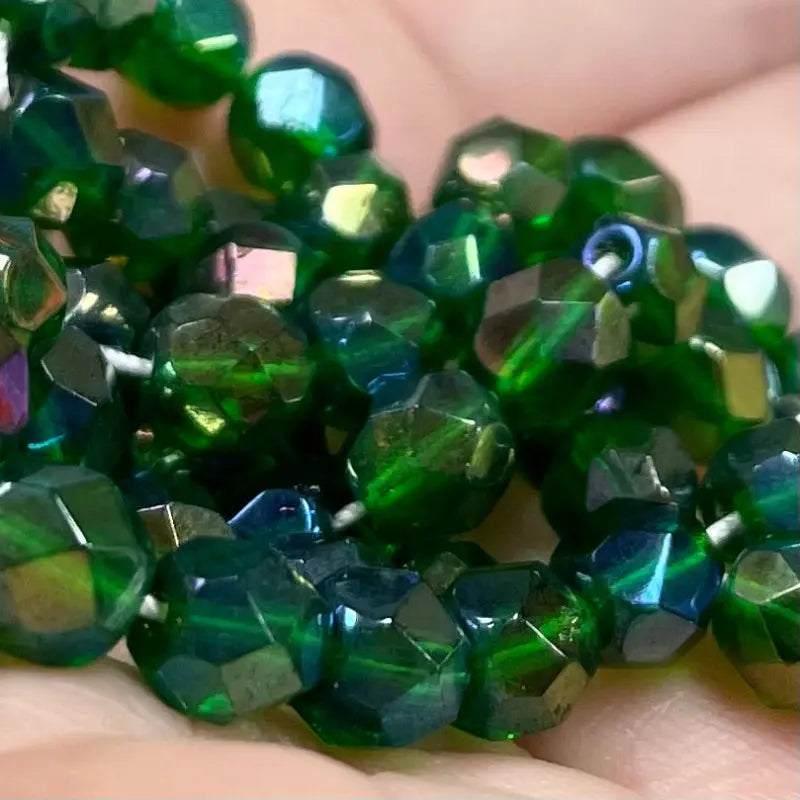 50 Green Czech Iris Fire Polished Glass Beads - Sea Beads