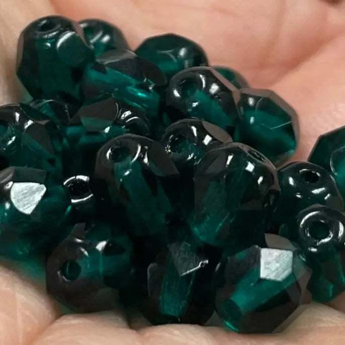 50 Green Emerald Green Czech Fire Polished Glass Beads - Sea Beads