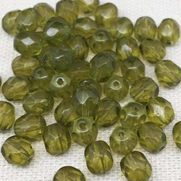 50 Green Olive Czech Fire Polished Glass Beads - Sea Beads