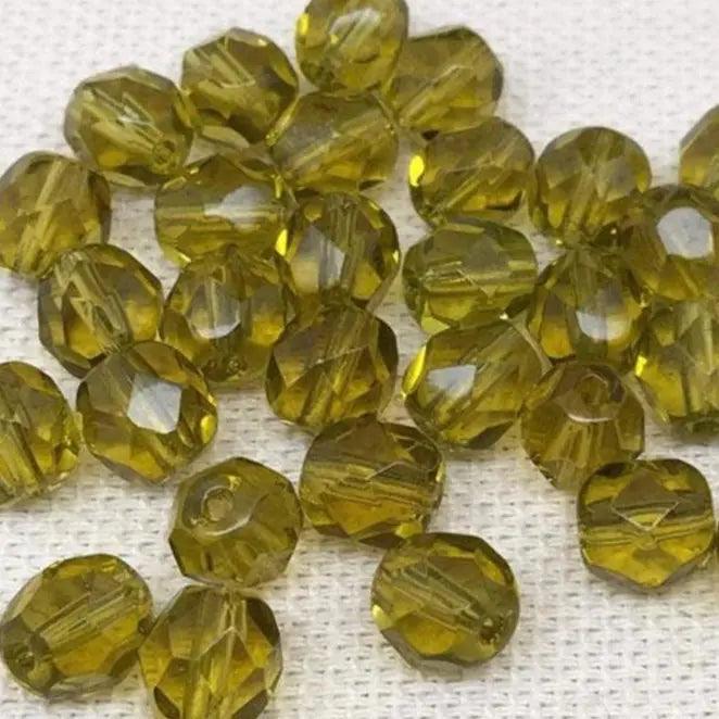 50 Green Olive Golden Czech Fire Polished Glass Beads - Sea Beads