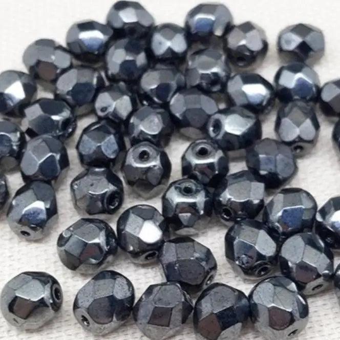 50 Gunmetal Czech Fire Polished Glass Beads - Sea Beads
