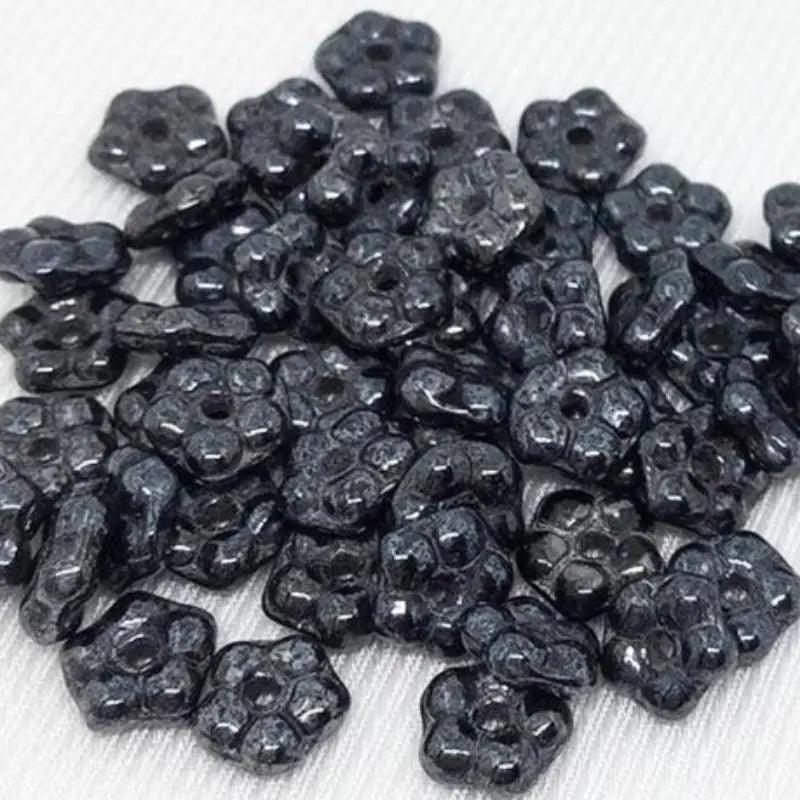 50 Gunmetal Dark Czech Flower Glass Beads - Sea Beads