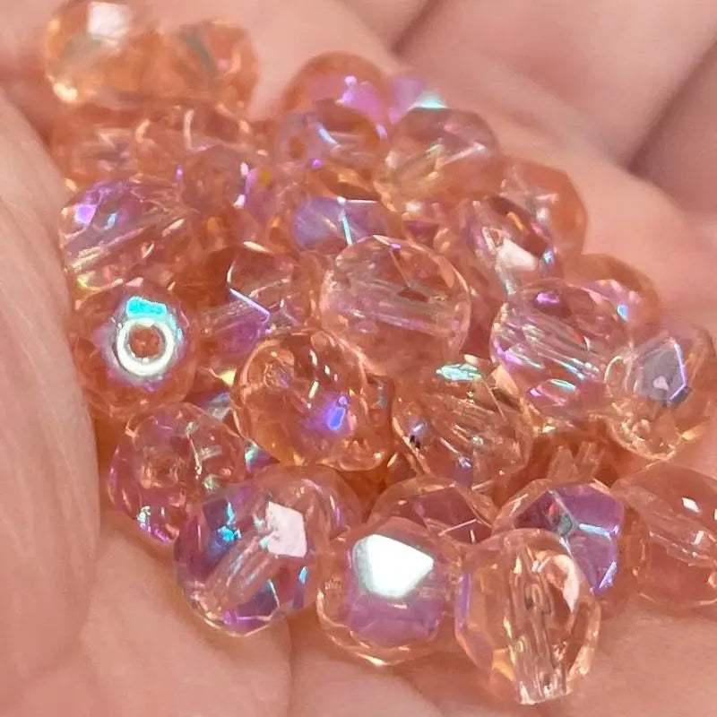 50 Peach Pink AB Czech Fire Polished Glass Beads - Sea Beads