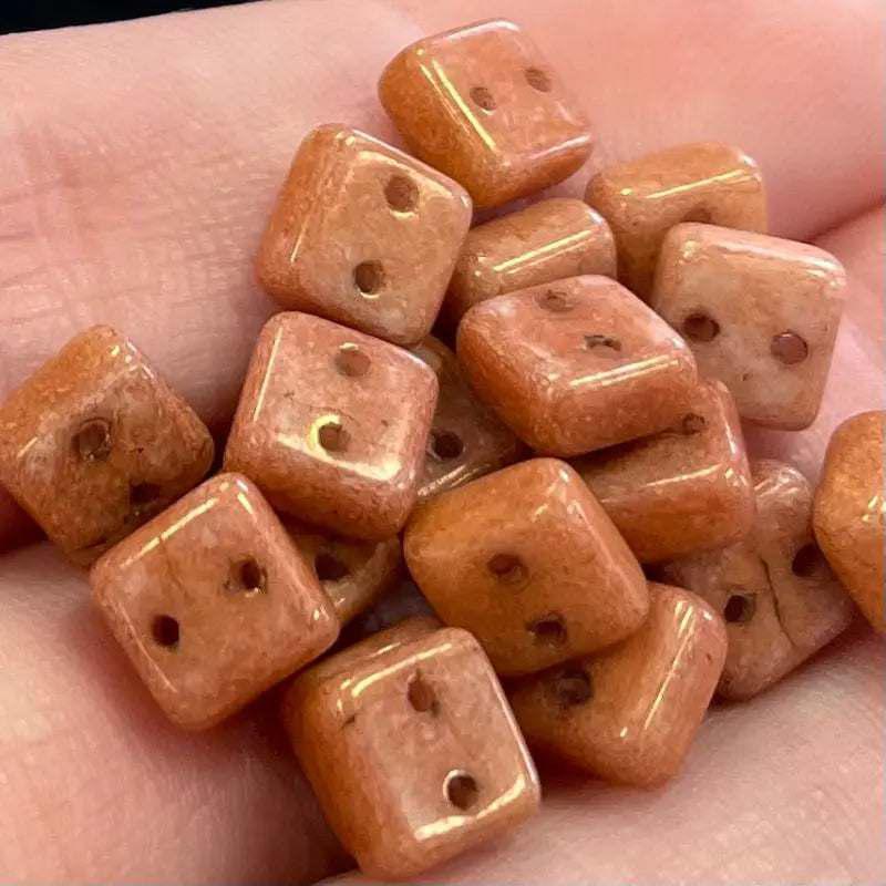 50 Peachy Orange Chexx Czech 2-Hole Square Picasso Glass Beads - Sea Beads