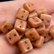 50 Peachy Orange Chexx Czech 2-Hole Square Picasso Glass Beads - Sea Beads