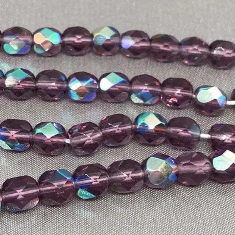 50 Purple Amethyst AB Czech Fire Polished Glass Beads - Sea Beads