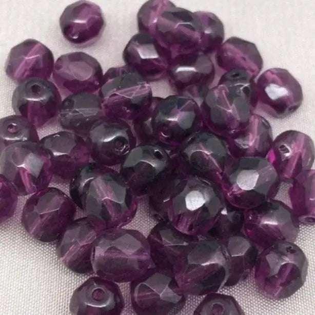 50 Purple Amethyst Czech Fire Polished Glass Beads - Sea Beads
