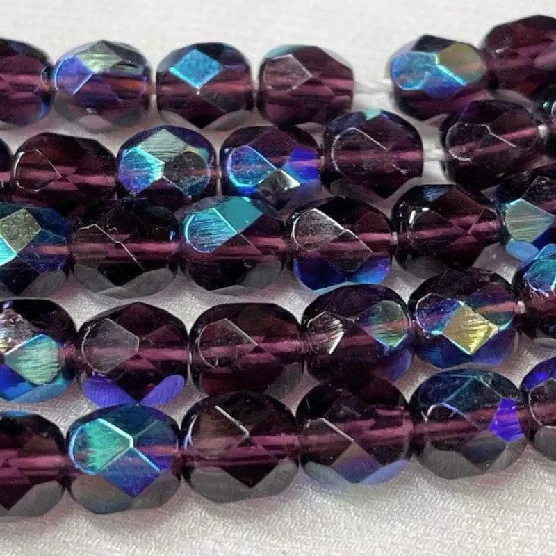 50 Purple Dark Amethyst AB Czech Fire Polished Glass Beads - Sea Beads