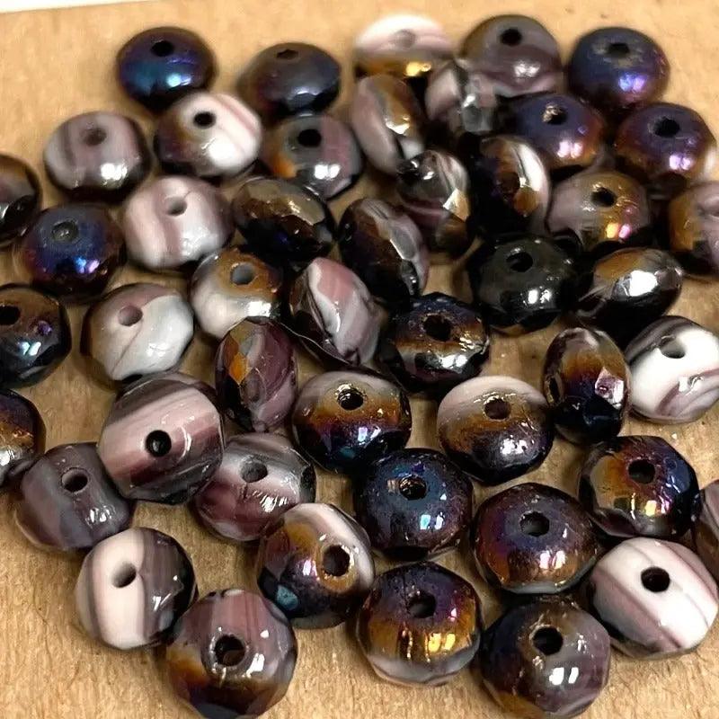 50 Purple White Czech Azure Rondelle Glass Beads - Sea Beads
