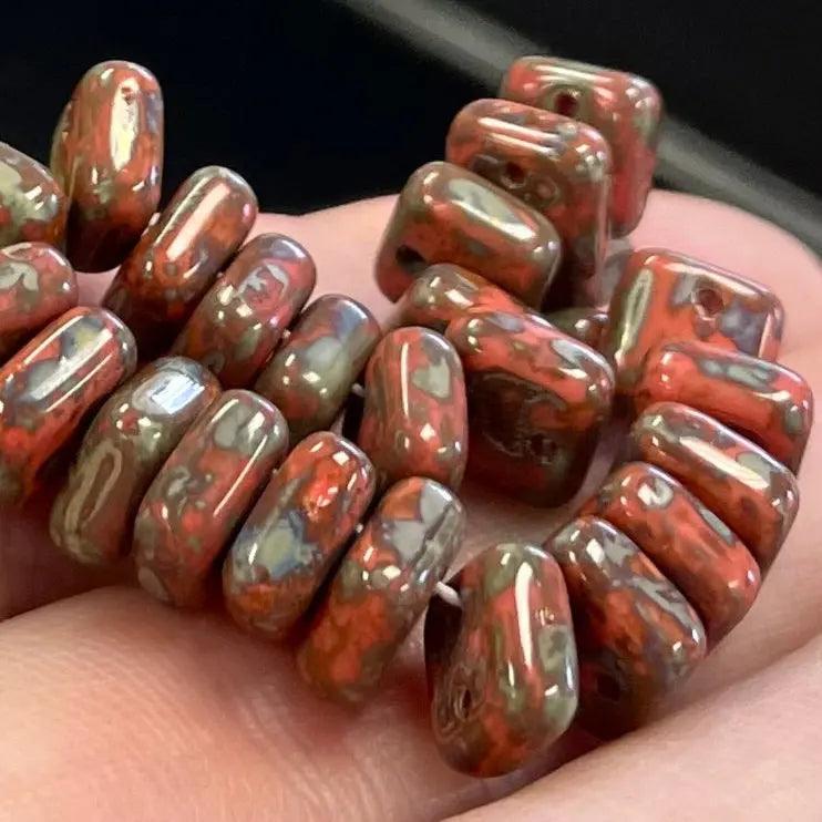 50 Red Chexx Czech 2-Hole Square Picasso Glass Beads - Sea Beads