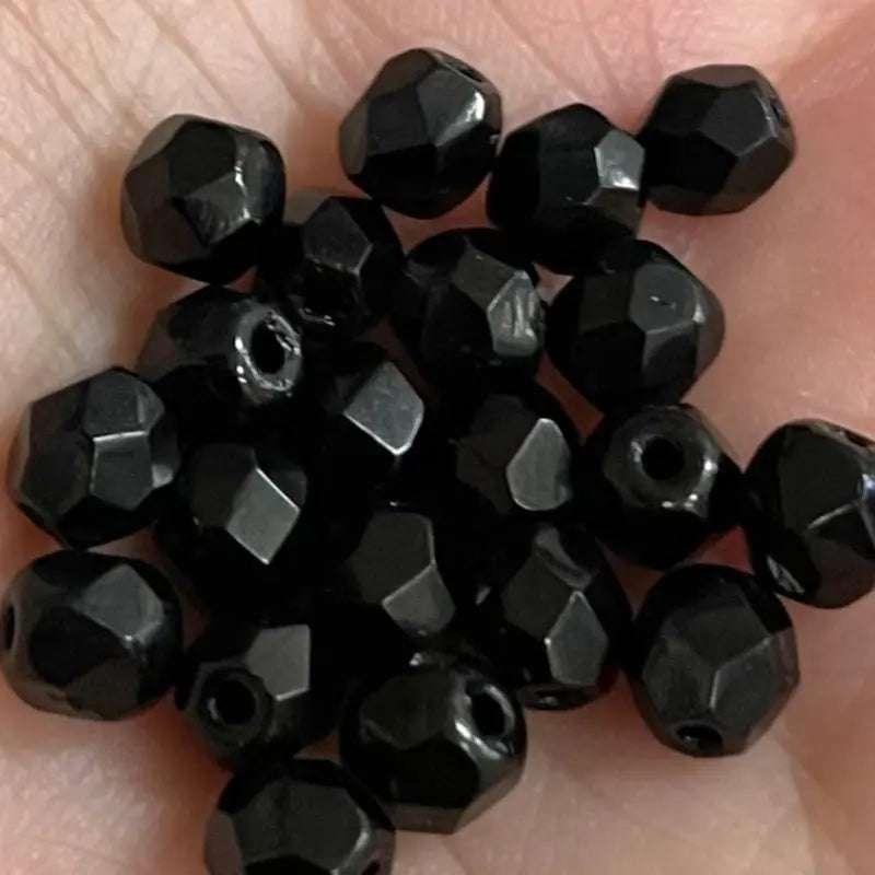 50 Vintage Black Czech Fire Polished Glass Beads - Sea Beads
