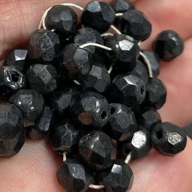 50 Vintage Black Gunmetal Czech Fire Polished Glass Beads - Sea Beads