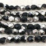 50 Vintage Black Silver Czech Fire Polished Glass Beads - Sea Beads