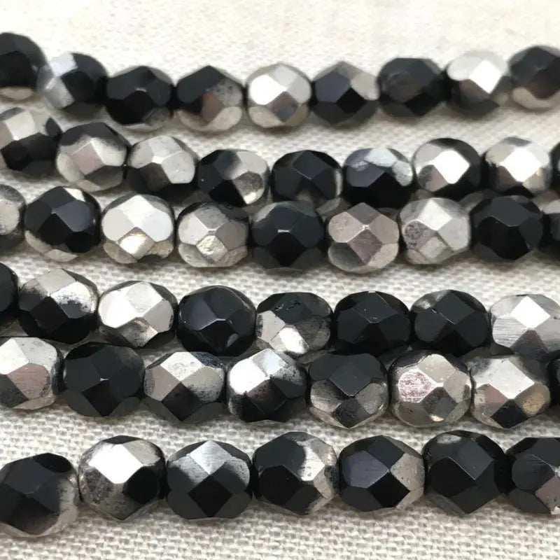 50 Vintage Black Silver Czech Fire Polished Glass Beads - Sea Beads
