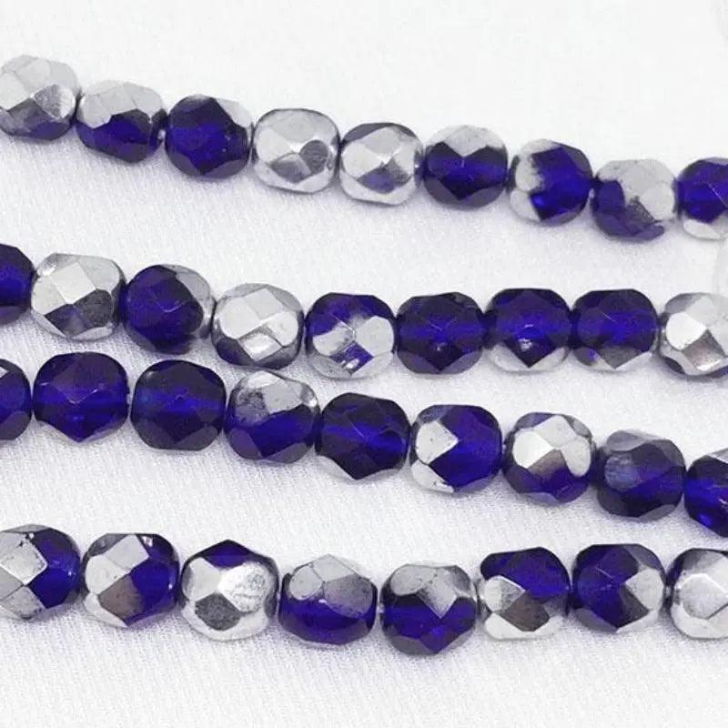 50 Vintage Blue Cobalt Silver Czech Fire Polished Glass Beads - Sea Beads