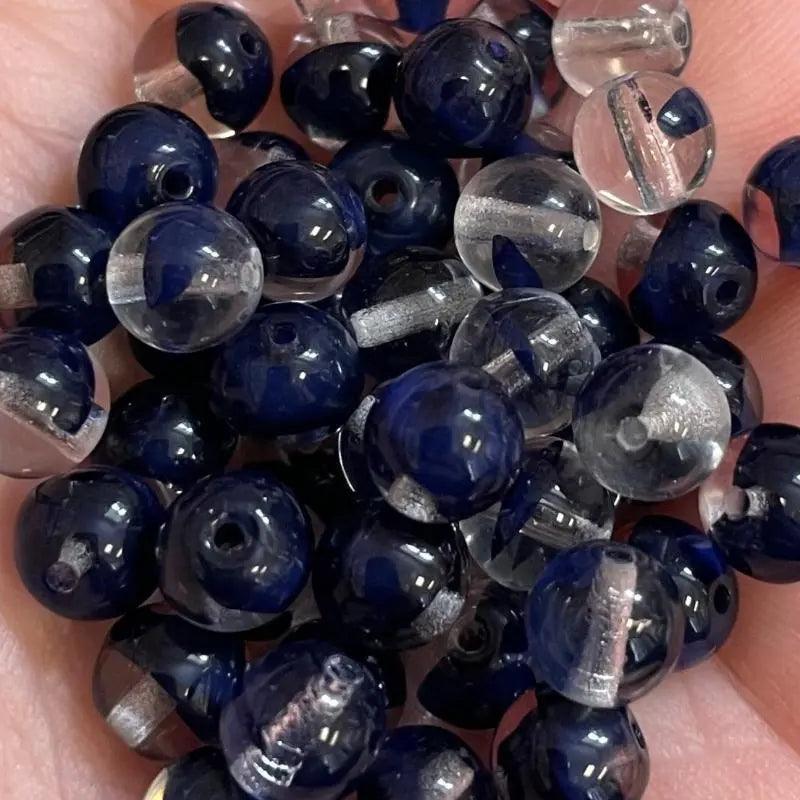50 Vintage Blue Navy Clear Czech Round Glass Beads - Sea Beads