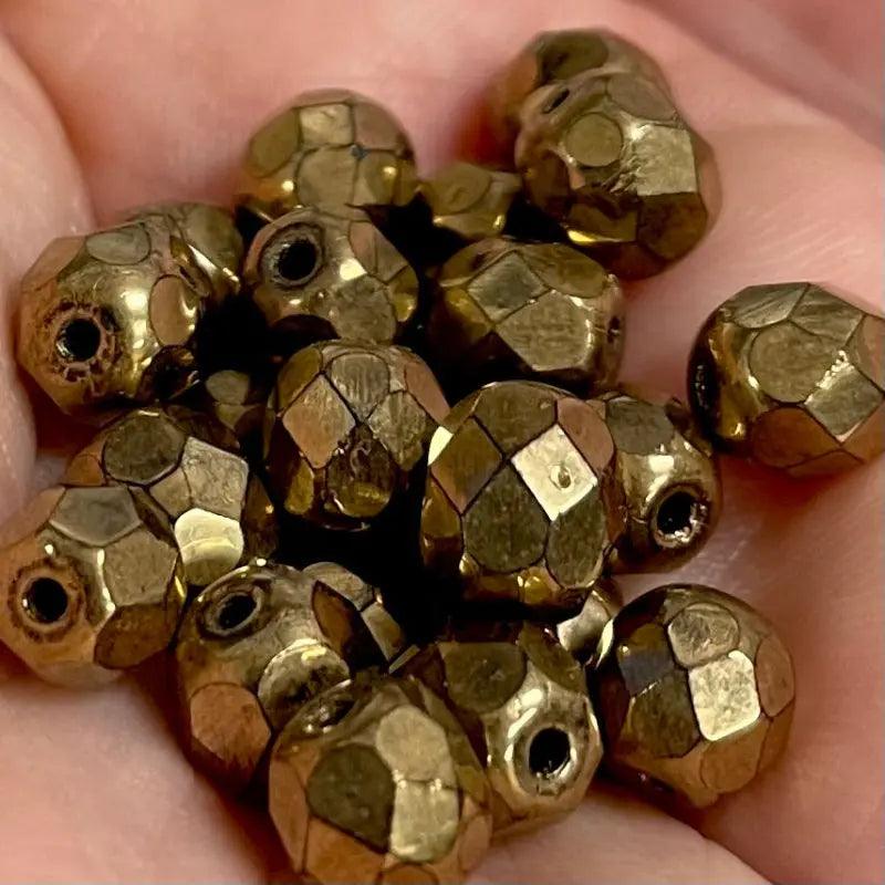 50 Vintage Bronze Czech Fire Polished Glass Beads - Sea Beads