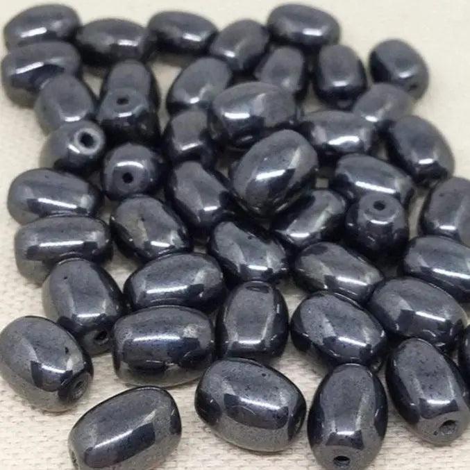 50 Vintage Gunmetal Czech Oval Glass Beads - Sea Beads