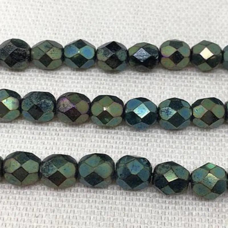 50 Vintage Iris Green Czech Faceted Metallic Glass Beads - Sea Beads