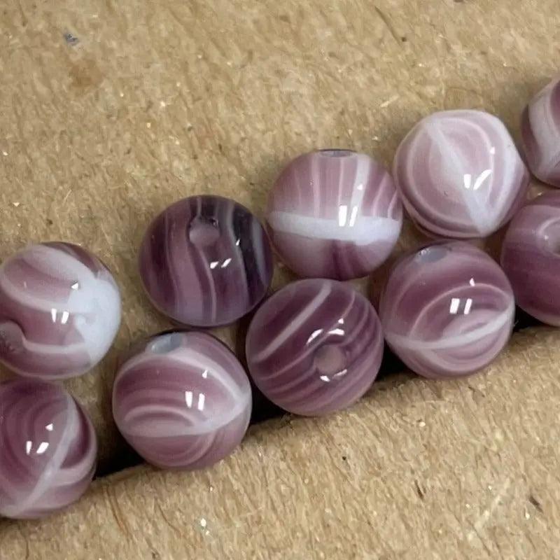 50 Vintage Purple Amethyst Striped Round Glass Beads - Sea Beads