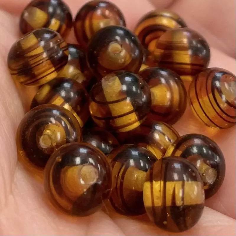 50 Vintage Amber Japan Tortoise Striped Round Glass Beads - Sea Beads