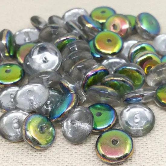 50 Vintage Vitrail Silver Czech Rondelle Glass Beads - Sea Beads