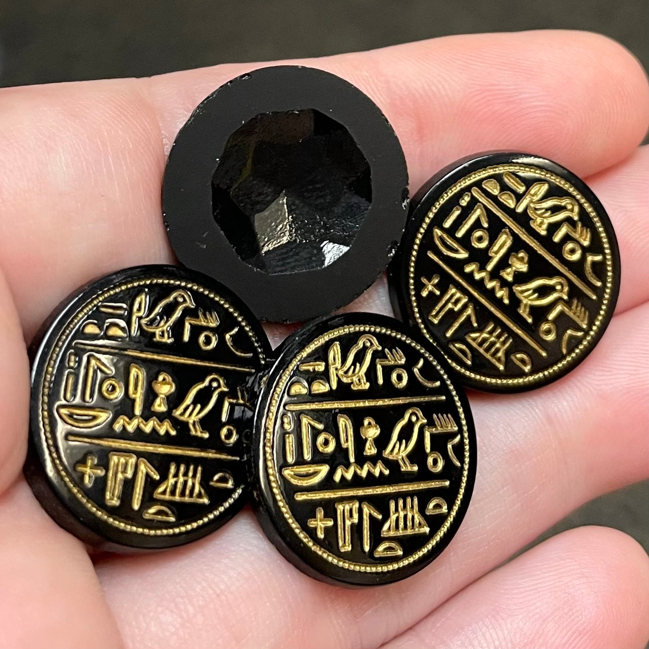 4 Vintage Black Egyptian Round Glass Round Glass Cabochons #9627