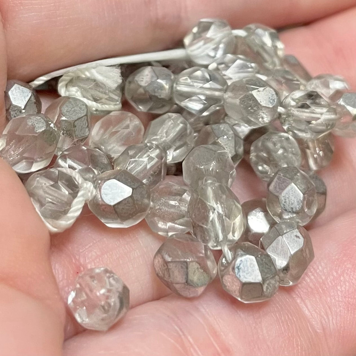50 Vintage Clear Silver Czech Fire Polished Glass Beads