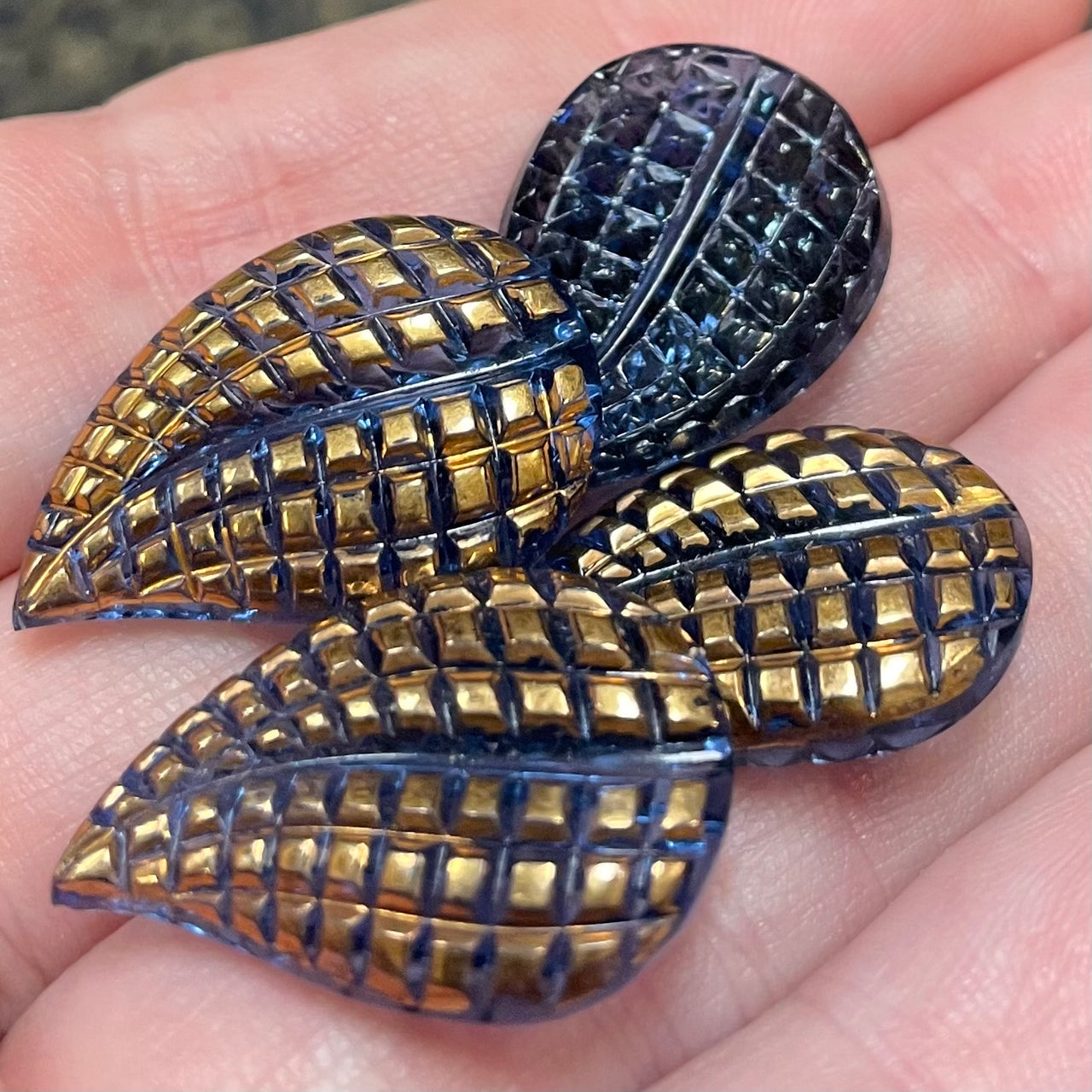 9 Vintage Blue Sapphire Gold German Leaf Glass Stones
