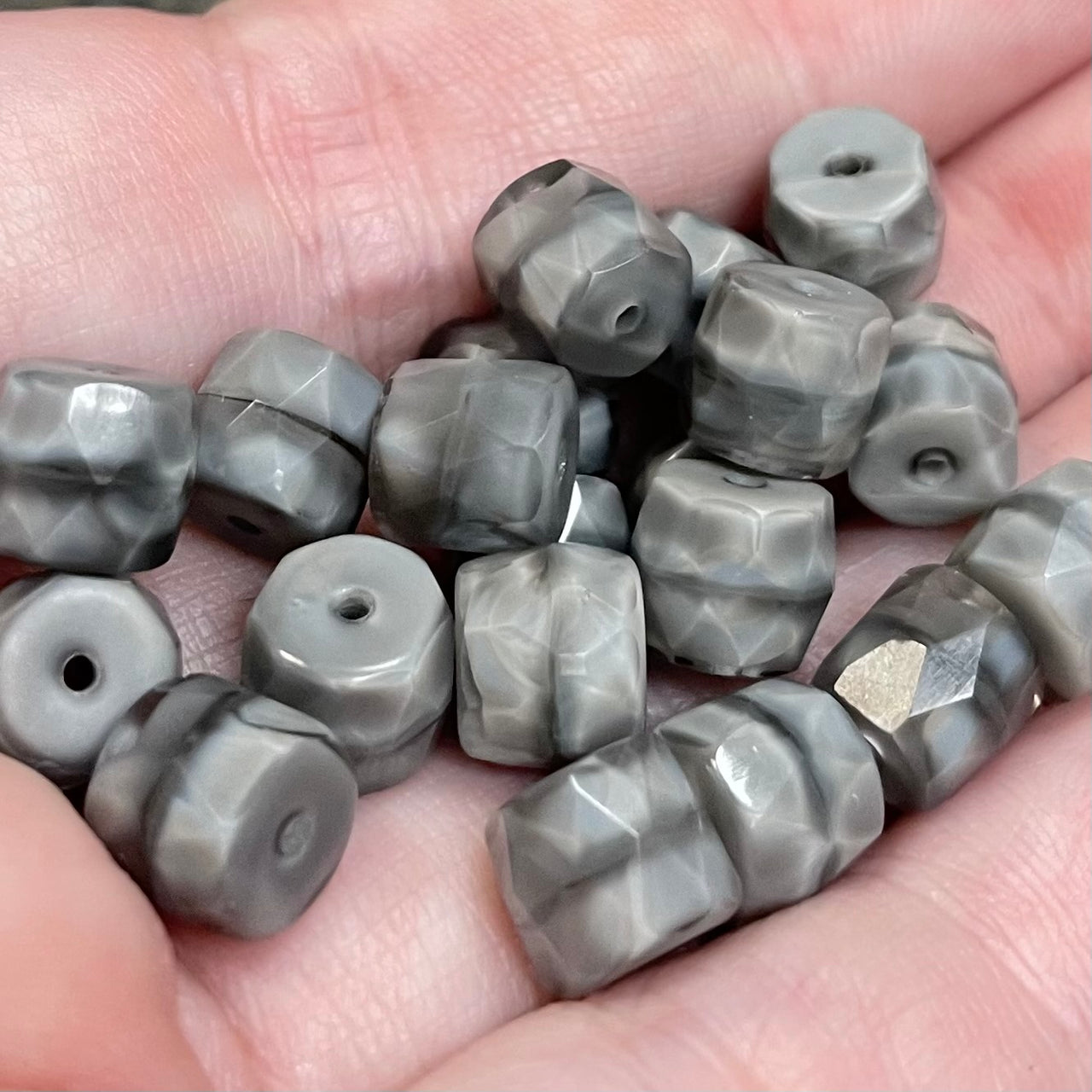 20 Vintage Grey German Faceted Barrel Glass Beads