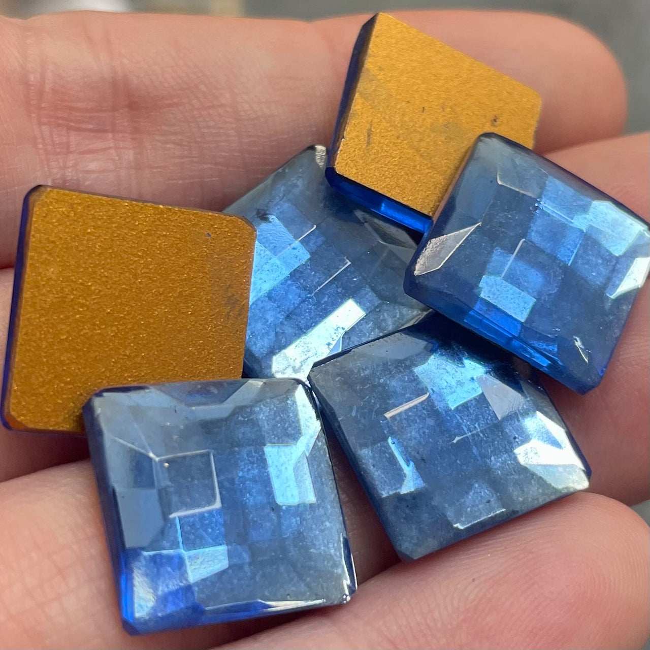 6 Vintage Blue Sapphire Square Faceted Glass Cabochons
