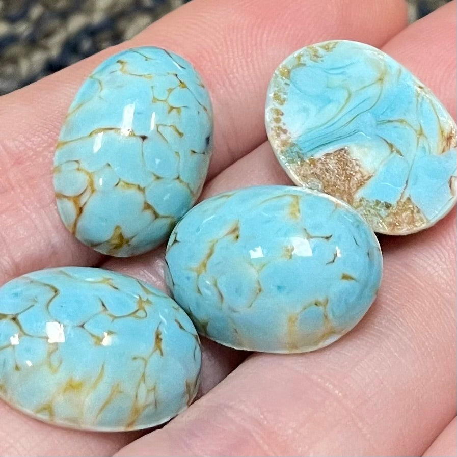 4 Vintage Blue Turquoise Japan Mottled Oval Glass Cabochons #151