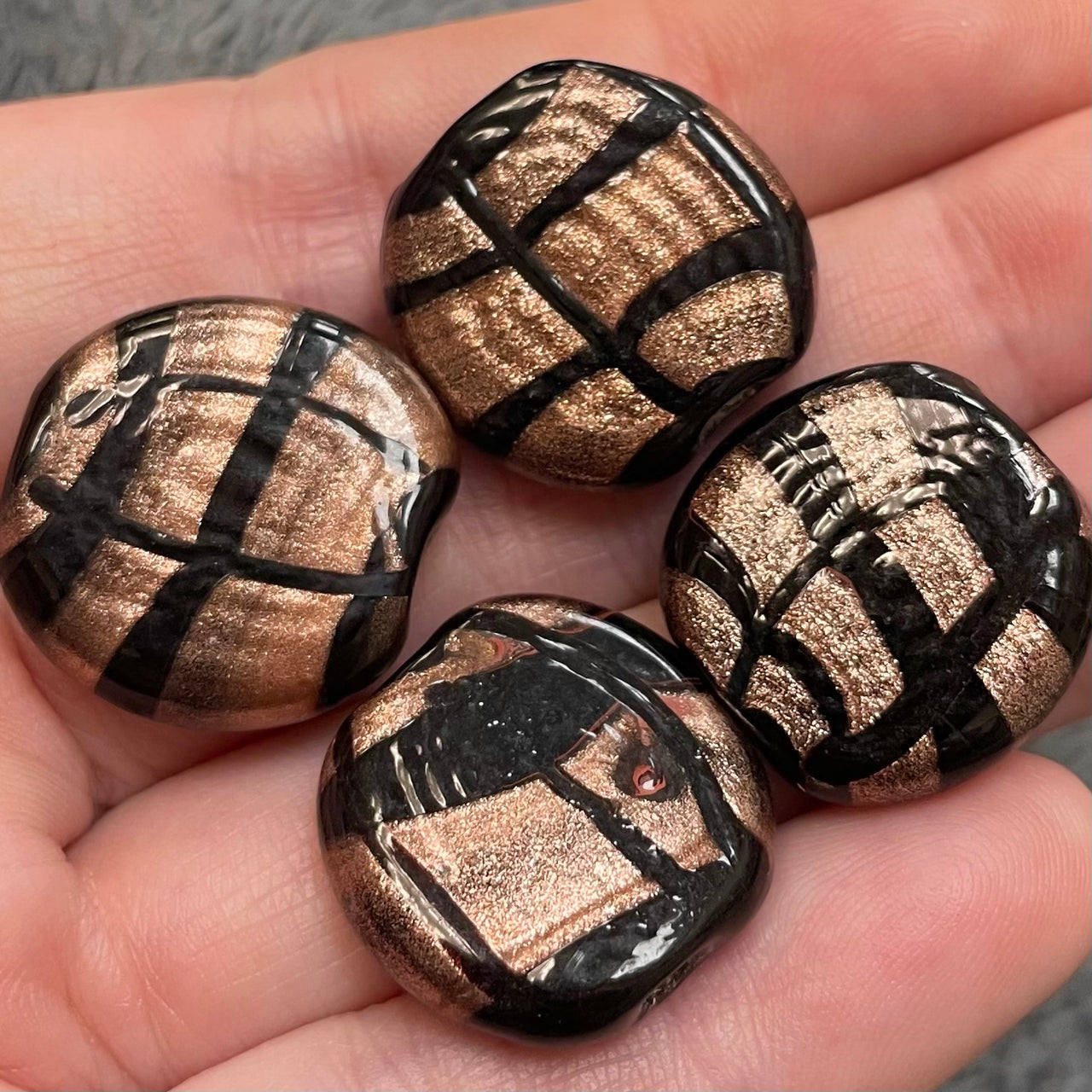 4 Vintage Black Metallic Glass Beads