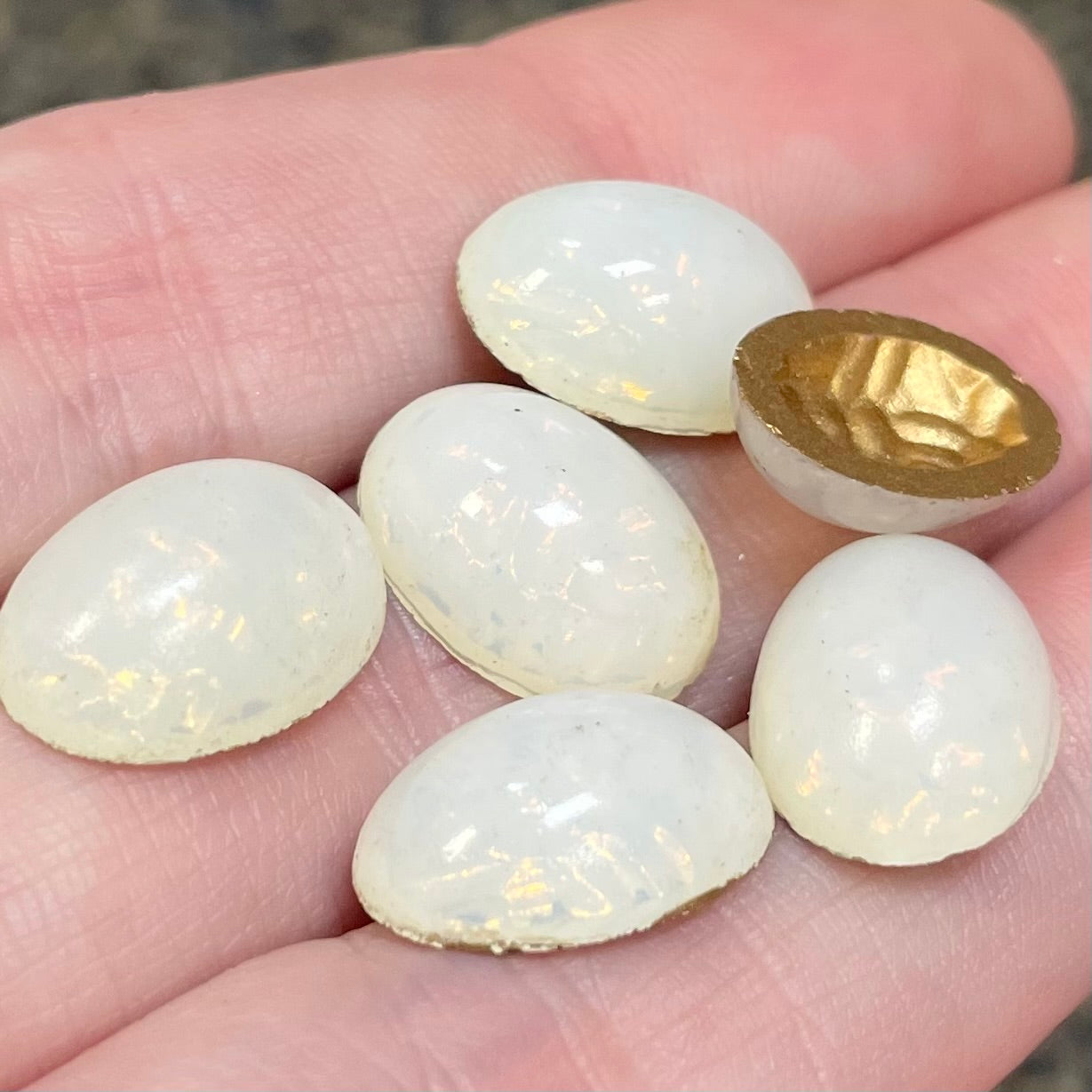 6 Vintage White Opal Czech Reflector Glass Cabochons