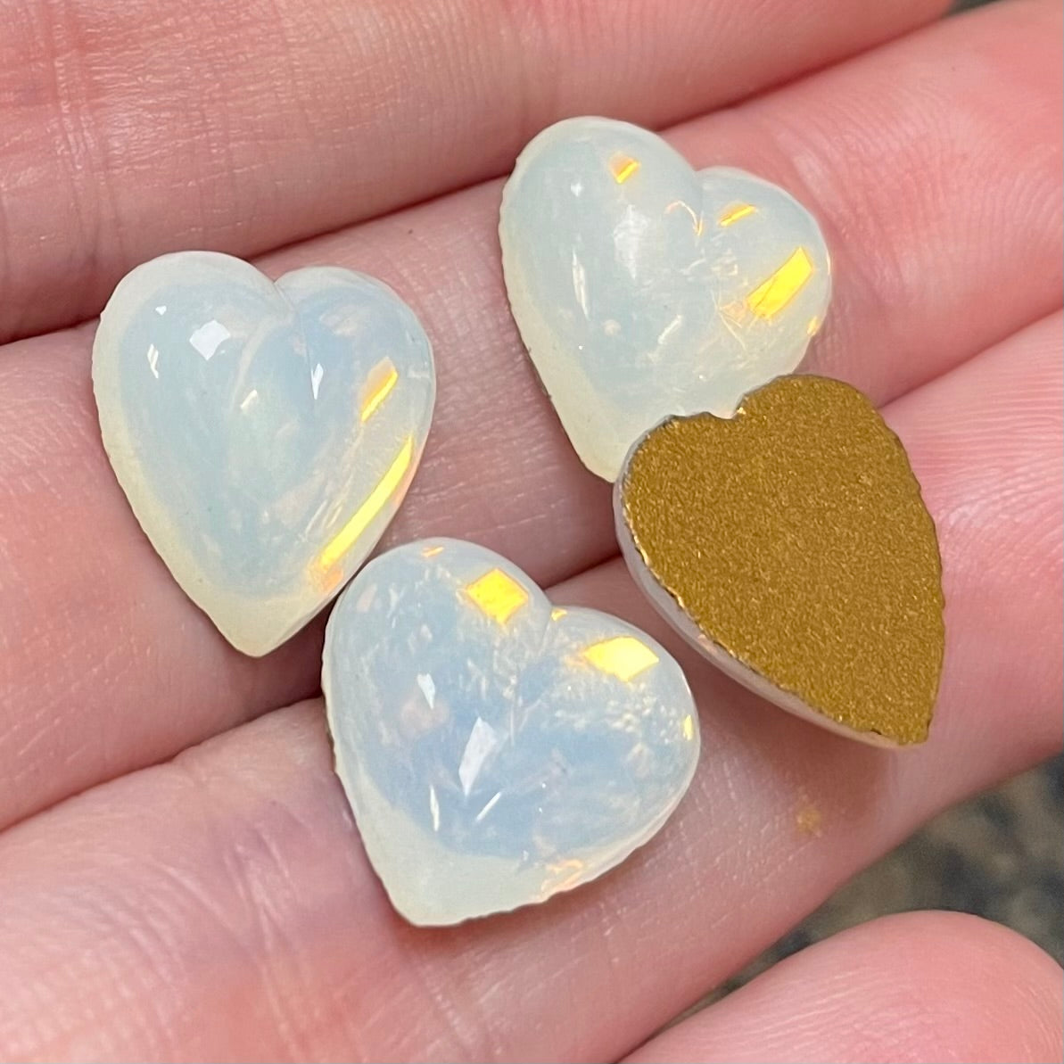 10 Vintage White Opal Heart Glass Cabochons