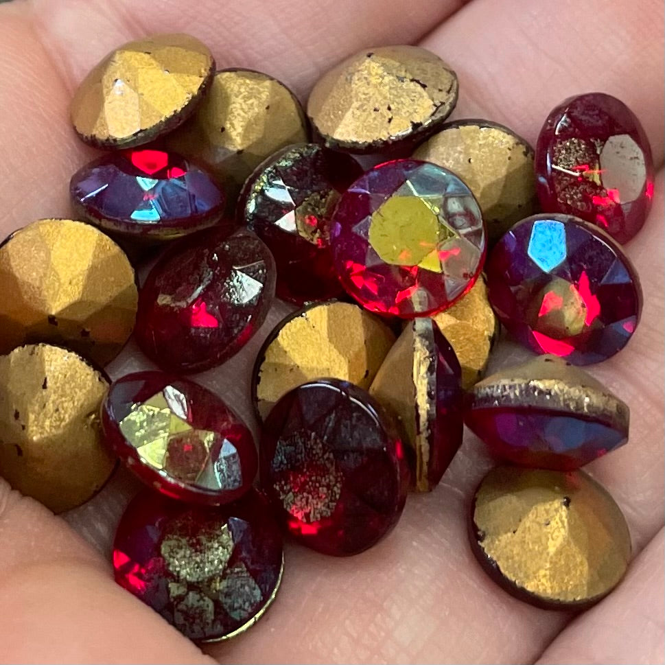 20 Vintage Red Siam AB Faceted Round Glass Stones