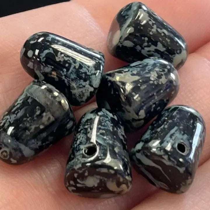 6 Black Picasso Czech Gumdrop Glass Beads - Sea Beads
