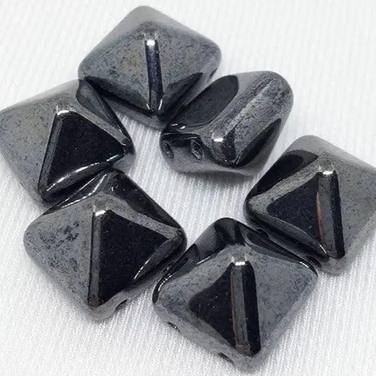 6 Gunmetal Czech Stud Glass Beads Two Hole Pyramid - Sea Beads