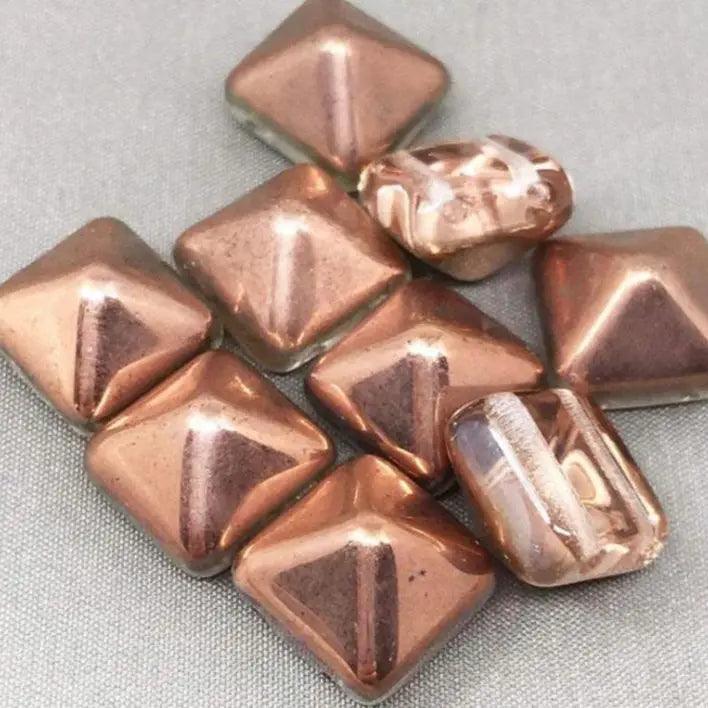 6 Light Copper Czech Two Hole Stud Glass Beads - Sea Beads