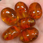 6 Vintage Amber Orange Oval Glass Beads - Sea Beads