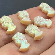 6 Vintage Beige Iridescent Cameo Glass Cabochons - Sea Beads