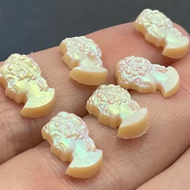 6 Vintage Beige Iridescent Cameo Glass Cabochons - Sea Beads