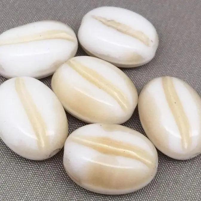 6 Vintage Beige White German Oval Glass Beads - Sea Beads