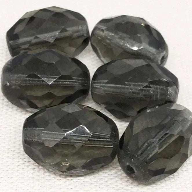 6 Vintage Black Diamond Faceted Oval Glass Beads - Sea Beads